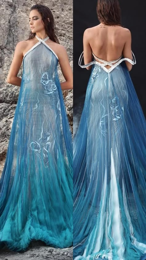 Sea Princess Dress, Water Dress Aesthetic, Air Element Outfit, Water Element Outfit, Jaden Aesthetic, Sea Inspired Dress, Water Goddess Dress, Water Inspired Outfits, Movie Gowns