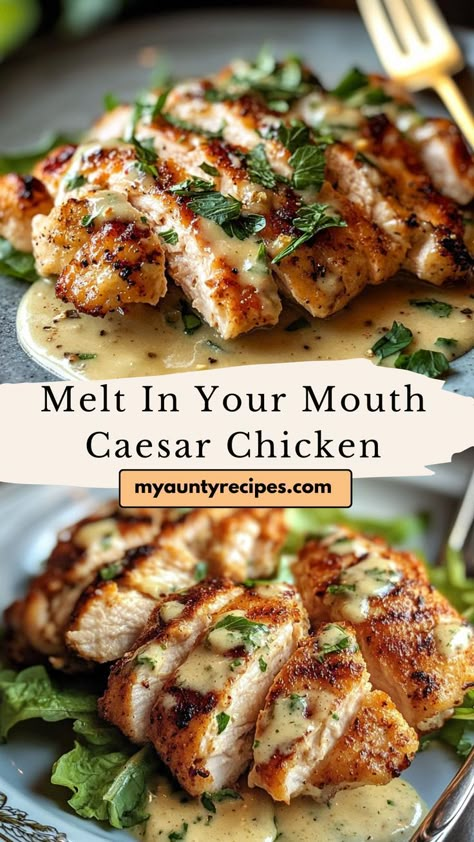 This Melt In Your Mouth Caesar Chicken is the ultimate chicken dinner for those who love bold, creamy flavors. Made with a Caesar dressing marinade and baked to perfection, the chicken turns out tender, juicy, and full of flavor. Topped with a layer of Parmesan cheese, this dish is perfect for serving over pasta, rice, or alongside a fresh green salad. It’s an eas Caesar Chicken Pasta, Ceaser Chicken Breast Recipes, Chicken Marinade For Caesar Salad, Chicken Caesar Marinade, Caesar Chicken Bake, Melt In Your Mouth Caesar Chicken, Grilled Chicken Caesar Salad Marinade, Chicken Marinade For Cesar Salad, Melt In Your Mouth Chicken Cesar