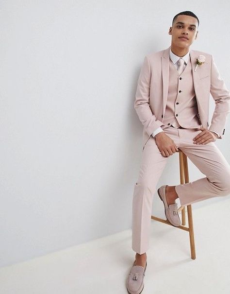 I have 4 bridesmaids/men. 3 are male & 1 female. They’ll all wear this colour. Beige And Pink Suit Men, Light Pink Suit Men, Light Pink Suit, Pink Suit Men, Tux Colors, 4 Bridesmaids, Match Tattoo, Mens Fashion Wedding Guest, Suit For Men Wedding