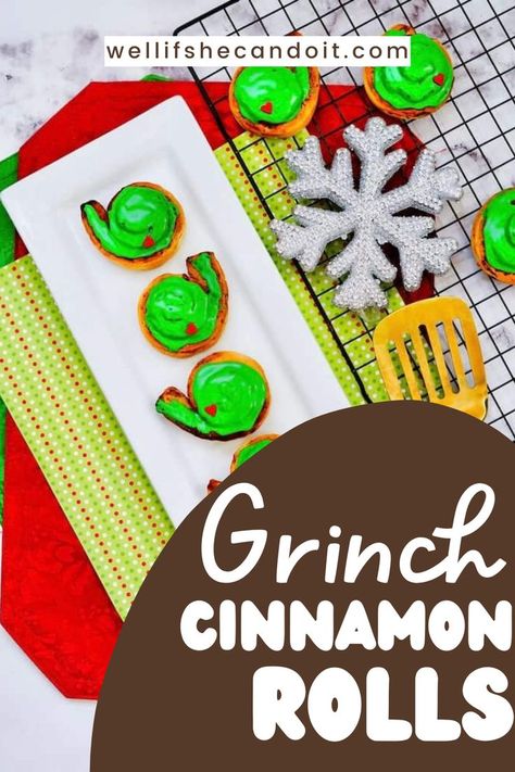 Looking for a fun and easy breakfast for Christmas and beyond? Try these Grinch cinnamon rolls with green icing! They're fast and easy to make, so they're perfect for Christmas breakfast, brunch or just a snack any time. They're also great for a Dr. Seuss themed party or to celebreate Dr. Seuss day! Christmas Breakfast Brunch, Christmas Cinnamon Rolls, Breakfast For Christmas, Cinnamon Roll Frosting, Green Icing, Dr Seuss Day, Heart Sprinkles, Green Food Coloring, Christmas Breakfast