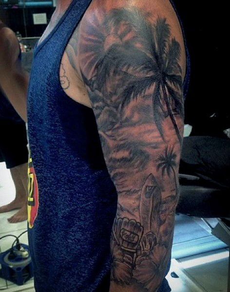 Man With Ocean Waves Beach Tattoos Full Sleeve Half Sleeve Tattoo Template, Ocean Sleeve Tattoos, Hawaiian Tattoos, Mangas Tattoo, Full Sleeve Tattoo Design, Palm Tattoos, Tattoos For Women Half Sleeve, Palm Tree Tattoo, Hawaiian Tattoo