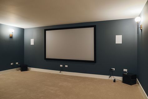 Same lovely house, different view. Basement. Home theatre space. Paint: Sherwin Williams’ Outerspace SW 6251. Theater Room Paint Colors, Media Room Colors, Media Room Paint Colors, Basement Movie Room, Theater Room Design, Media Room Design, Modern Basement, Home Cinema Room, At Home Movie Theater