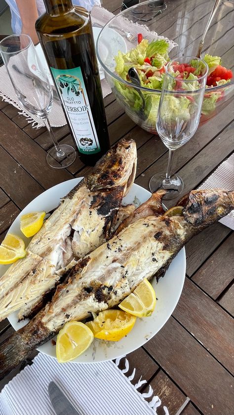 fresh food south of france summer lunch dinner time typical dish seabass barbecue greece Grilled Fish Aesthetic, Fish Aesthetic, Fish Grill, Summer Moodboard, Summer Lunch, Grilled Fish, Grilling, Fish, Quick Saves