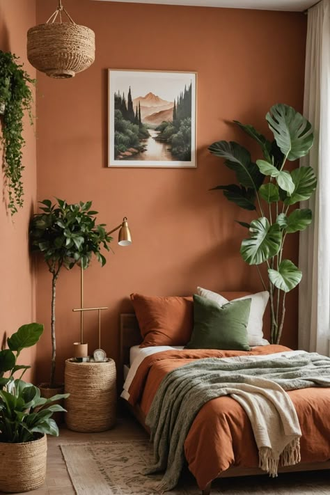 20 Terracotta Bedroom Furniture Ideas – ToolzView Rustic Orange Bedroom, Bedroom Back Wall Design, Terra Cotta Bedroom, Rustic Bed Frames, Stylish Nightstands, Bedroom Back Wall, Terracotta Bedroom Ideas, Orange Bedroom Walls, Burnt Orange Bedroom