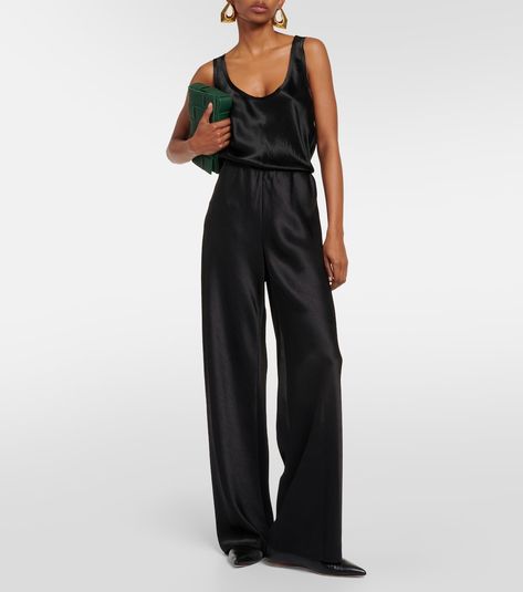 Black Satin Pants Outfit, Satin Pants Outfit, Black Satin Pants, Black Silk Pants, Vince Clothing, Date Night Outfits, Satin Tank Top, Satin Pants, High Rise Pants