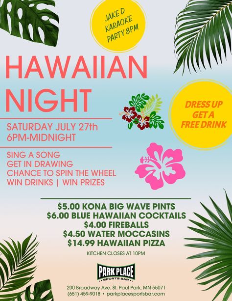 Hawaiian Party tomorrow night! Karaoke starts at 8pm! Hawaiian Cocktails, Karaoke Party, Hawaiian Party, Blue Hawaiian, Win Prizes, Sports Bar, Big Waves, Hawaiian Pizza, Karaoke