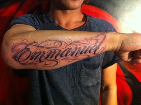 Custom script on forearm by James Cursive Name Tattoo On Arm, Last Name Tattoos For Men, Name Tattoos On Neck, Small Name Tattoo, Forearm Name Tattoos, Name Tattoos On Arm, Tattoo Name Fonts, Script Tattoos, Names Tattoos For Men