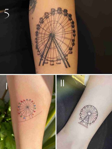 Ferris Wheel Tattoo Simple, Fair Tattoo Ideas, Small Ferris Wheel, Ferris Wheel Tattoo, Ferris Wheel Drawing, Star Face Tattoo, Carousel Tattoo, Carnival Tattoo, Circus Tattoo