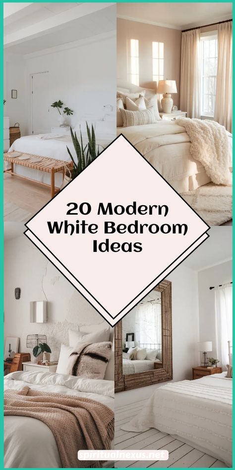 Explore 20 modern white bedroom ideas that are both stylish and functional. From sleek furniture to bold lighting choices, discover how to make your space feel sophisticated and contemporary. Perfect for lovers of clean lines and minimalism! #ModernBedroom #WhiteDecor #HomeStyle Master Bedrooms Decor No Headboard, Bedroom Ideas With White Walls, White Modern Bedroom Ideas, Bedroom Decor No Headboard, White Master Bedrooms Decor, White And Cream Bedroom Ideas, White Bedrooms Ideas, Warm White Bedroom, Modern White Bedroom Ideas