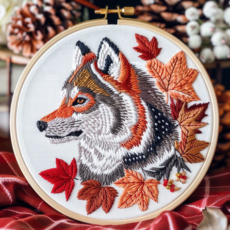 Create a stunning hand embroidery pattern featuring a majestic wolf 🐺 and autumn leaves 🍂. Perfect for embroidery hoop art and stitching enthusiasts. Let's stitch this beautiful design with our instant download pattern. #HandEmbroidery #EmbroideryArt #StitchingPattern #WolfEmbroidery #AutumnLeaves Woodland Embroidery, Wolf Embroidery, Wolf Pattern, Majestic Wolf, Embroidery Hand, Hand Embroidery Projects, Craft Stuff, Simple Embroidery, Hand Embroidery Pattern