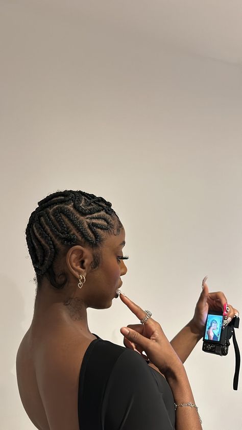 black woman with a unique cornrow hairstyle holding a digital camera Unique Cornrow Hairstyles, Unique Cornrows, Cornrow Hairstyle, Cornrow, Cornrow Hairstyles, Locs, Hair Inspo, Digital Camera, Black Women