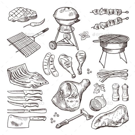 Food Sketch, Barbecue Party, Vector Sketch, Grilling Tools, Hand Drawn Illustration, Drawn Illustration, Vector Drawing, Grilled Meat, Vector Hand