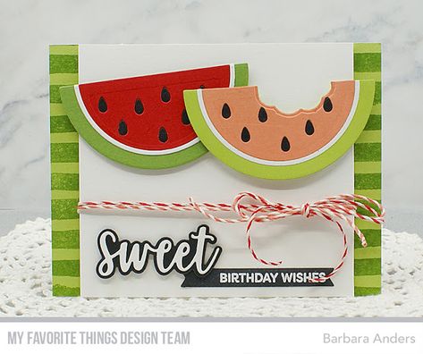 Stamps: Sweet Sentiments, Watercolor Stripes Background | Die-namics: Skinny Strips, Watermelon Slice — Barbara Anders #mftstamps Scrap Paper Cards, Watermelon Diy, Mft Stamps Cards, Small Craft Ideas, Fruits Summer, Stamps Of Life Cards, Watermelon Crafts, Watercolor Watermelon, Postal Card