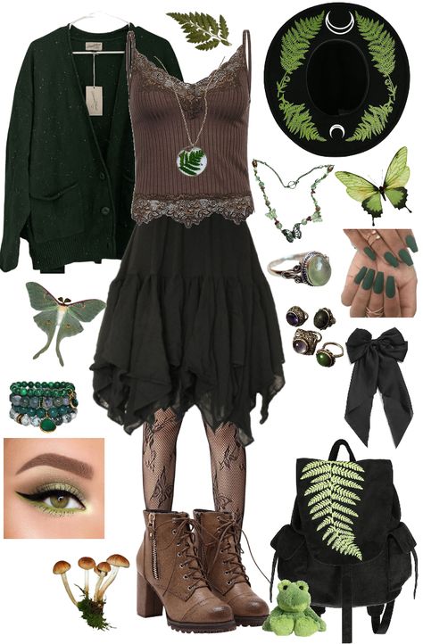 Cozy Ferns Outfit | ShopLook Dark Bohemian Outfits, Fairygrunge Fashion, Green Witch Aesthetic Outfit, Nature Outfits Forests, Green Fairy Grunge Outfit, Dark Fairy Core Outfits, Green Fairy Aesthetic Clothes, Combat Boot Heels, Forestcore Outfit