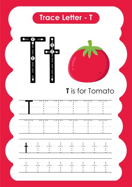 Alphabet tracing worksheet with letter t... | Premium Vector #Freepik #vector #education #cartoon #fruit #alphabet Letter T Words, T Words, Fruit Alphabet, Trace Letters, Education Cartoon, Memory Book School, Abc Tracing, Vector Alphabet, Book School