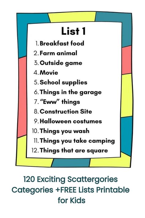 List of 12 Scattergories game categories for kids, with items like breakfast food and school supplies, on a colorful printable sheet. Disney Scattergories Lists, Scattergories Lists, Tongue Twisters For Kids, Riddles Kids, Classic Party, Paper Games, Kids Exploring, Fun Games For Kids, Classroom Games