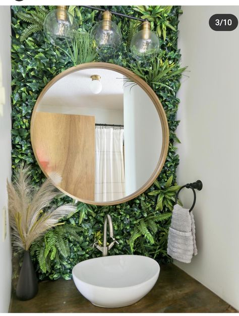 Greenery Bathroom Wall, Spa Mirror Ideas, Artificial Plant Wall With Mirror, Fake Green Wall Bathroom, Bathroom Mirror Greenery, Greenery Wall In Bathroom, Faux Greenery Wall Bathroom, Artificial Plants Bathroom, Faux Plant Wall Bathroom