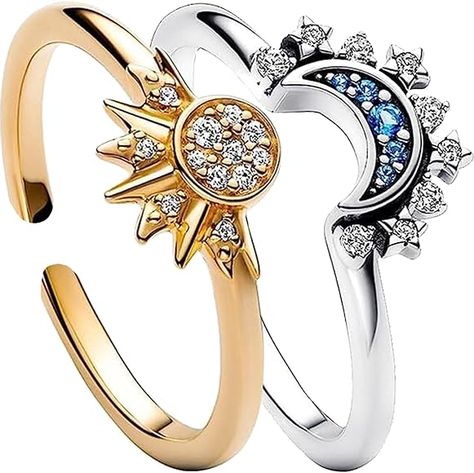 GAUEIOUR Celestial Sun and Moon Overlay Ring，Sun and Moon Shining Together Design Feeling Layered Women's Ring，Diamond Set Open Ring : Amazon.co.uk: Fashion Friendship Promise, Finger Band, Sun And Moon Rings, Sun Ring, Celestial Ring, Stackable Rings Silver, Couples Ring Set, Couple Style, Moon And Sun