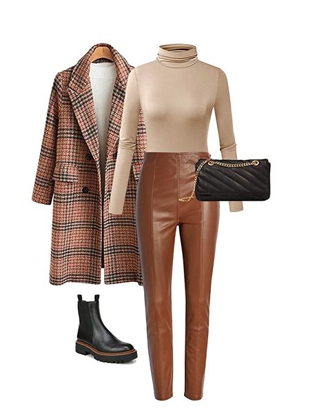 Faux Leather Coat Outfit, Fall Outfits Brown Boots, Brown Plaid Pants Outfit, Casual Party Outfit Night, Leather Pants Outfit Winter, Outfits Leggins, Outfit Elegantes, Brown Leather Pants, Leather Leggings Outfit