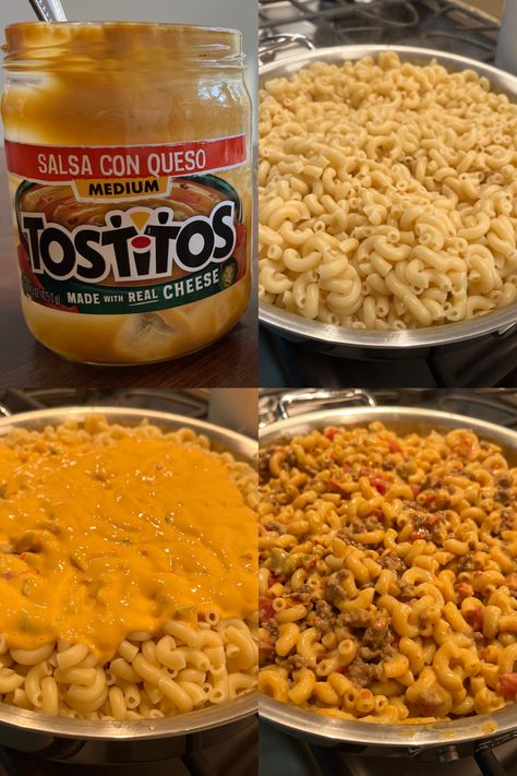 This is a 4 photo collage showing the last steps to make this recipe. A photo of jar of queso. A photo of the macaroni noodles added with the taco beef mixture. A photo of the queso added to the elbow macaroni and beef mixture. A photo of the pasta in the skillet, finished cooking, ready to serve. Queso Macaroni And Cheese, Cheap And Easy Dinner Ideas For Large Families, Dinner Recipes With Elbow Noodles, Meals With Elbow Macaroni, What To Make With Elbow Macaroni, Leftover Elbow Macaroni Recipes, Cheap Ground Beef Dinners, Recipes With Elbow Macaroni, Elbow Noodle Recipes Easy