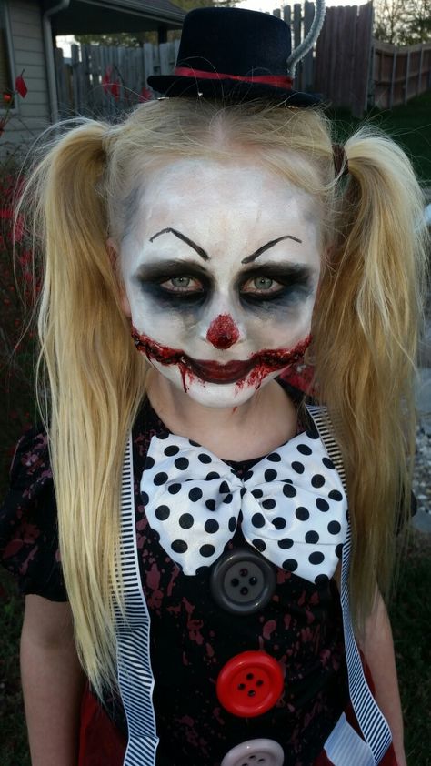 Little girl creepy clown makeup Kids Creepy Clown Makeup, Creepy Clown Face Paint, Kids Scary Clown Makeup, Scary Cheerleader Makeup, Easy Creepy Clown Makeup, Creepy Clown Makeup For Kids, Scary Clown Makeup For Kids, Clown Makeup For Kids, Clown Makeup Kids