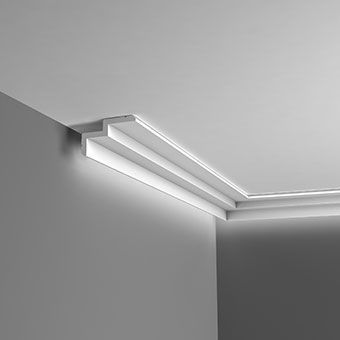 LED downlighting coving Modern Coving, Crown Molding Modern, Curtain Pelmet, Ceiling Coving, Cornice Design, Hidden Lighting, Choosing Paint Colours, Interior Finishes, Cove Lighting