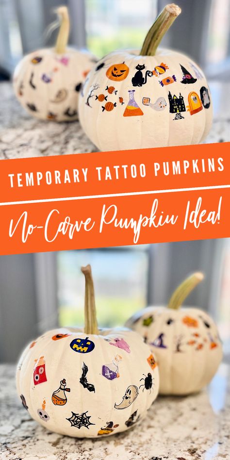 white pumpkins decorated with Halloween-themed temporary tattoos Mess Free Halloween Crafts, No Mess Pumpkin Decorating For Kids, Mess Free Pumpkin Decorating, Mess Free Pumpkin Decorating For Kids, Decorating Pumpkins Without Carving Kids, Pin The Nose On The Pumpkin, Pumpkin Decorating Party For Kids, Mini Pumpkin Decorating Ideas For Kids, Toddler Pumpkin Decorating