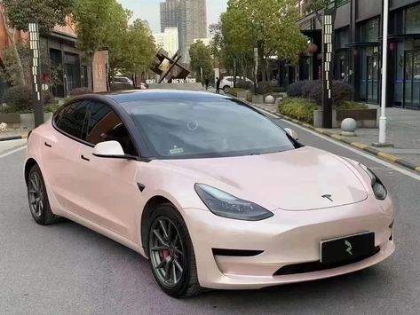 Light Pink Car, Pink Car Wrap, Pink Tesla, Tesla Car Models, Peach Powder, Car Wraps, Pink Wrap, Tesla Car, Vinyl Car Stickers