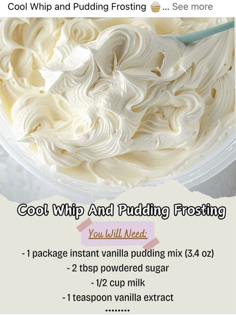 Cool Whip Pudding Frosting Recipe, Cool Whip Pudding Frosting, Pudding Frosting Recipe, Vanilla Pudding Frosting, Easy Vanilla Pudding, Cool Whip Pudding, Cool Whip And Pudding, Pudding Frosting, Cool Whip Frosting