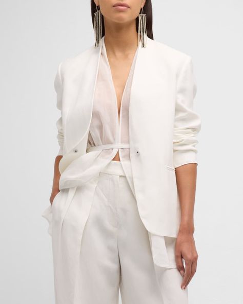 Lookbook: WO Brunello Cucinelli Spring 2024 Linen Blazer Outfit Women, Brunello Cucinelli Women, Organza Jacket, Blazer Outfits For Women, Linen Layers, Evening Jumpsuit, Lightweight Blazer, Linen Jacket, Long Blazer