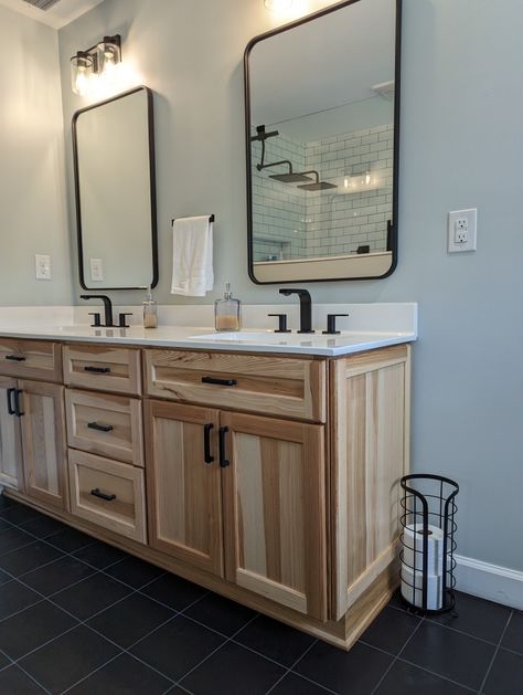 Hickory Vanity Bathroom, Hickory Cabinets Bathroom, Hickory Bathroom Cabinets, Hickory Bathroom Vanity, Hickory Vanity, Hickory Bathroom, Modern Farmhouse Remodel, Vanity In Bathroom, 2024 Bathroom