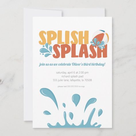 Splish Splash Summer Birthday Bash Invitations | #splishsplash #summer #birthdaybash #invitations #waterslide #splashpad #waterpark #beach #kid #party Summer Birthday Invitations, 92nd Birthday, Pool Party Birthday Invitations, Green Invitations, Park Birthday, Pool Birthday, Pool Birthday Party, Splash Pad, Sweet 16 Invitations