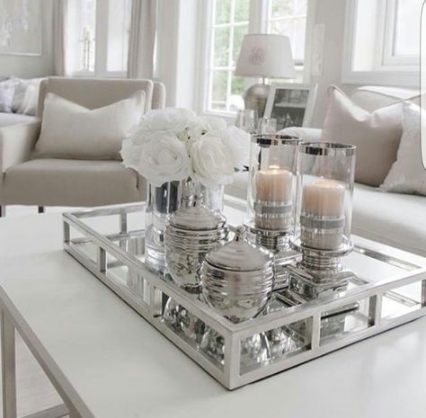 Pinterest: MaddyLanae ☼☾                                                                                                                                                                                 More Furnitur Ruang Keluarga, Mirrored Tray, Table Decor Living Room, Trendy Living Rooms, Coffee Table Styling, Cool Coffee Tables, Elegant Living Room, Elegant Living, A Living Room