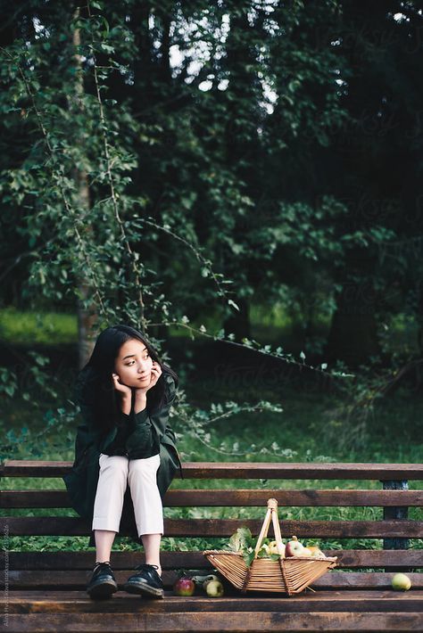 Sitting Poses Women, Sitting On A Bench Poses, Sitting On Tree Pose, Growth Photoshoot, Sitting On Bench Pose, Woman Sitting Pose, Person Sitting On Bench, Bench Photoshoot, Bench Illustration