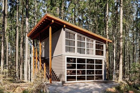 Green Living: The Future of Modern Container Homes A Frame Garage Apartment, Casita With Garage, Shed Roof Garage With Apartment, Garage Loft Living Space, Cabin Garage With Loft, Small Garage Studio Apartment, Studio Above Garage Ideas, Garage And Living Space, One Car Garage With Apartment Above