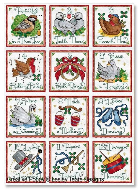 Lesley Teare, Advent Calendar Pattern, 12 Days Of Xmas, Christmas Stitching, Retro Christmas Decorations, Christmas Motifs, Unique Cross Stitch, Twelve Days Of Christmas, Cross Stitch Patterns Christmas