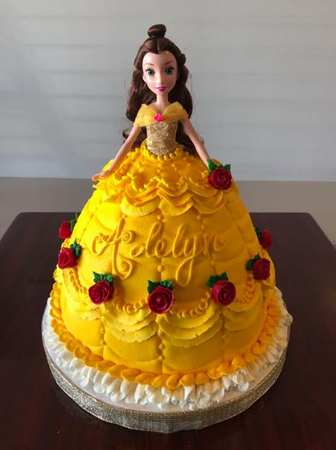 Belle Birthday Cake - Adrienne & Co. Bakery Belle Barbie Cake, Bell Cake Princess, Belle Cakes Birthday, Belle Birthday Party Cake, Belle Cake Ideas, Disney Princess Belle Cake, Belle Birthday Party Ideas, Doll Cake Buttercream, Princess Belle Birthday Party