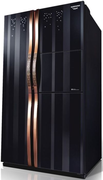 french door refrigerator 5 Door Refrigerator, Gold Fridge, Beautiful Refrigerator, Beautiful Fridge, Cool Fridge, Black And Copper Kitchen, Black Fridge, Food Showcase, Refrigerator Black