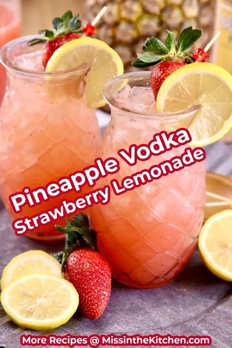 Pineapple Vodka Strawberry Lemonade is a refreshing and delicious cocktail that is easy enough for any day of the week! Make a small batch for a couple of cocktails or a large batch for parties. Vodka And Pineapple Juice, Pineapple Vodka, Cocktail Vodka, Strawberry Vodka, Pineapple Cocktail, Summer Drinks Alcohol, Vodka Lemonade, Lemonade Cocktail, Yummy Alcoholic Drinks