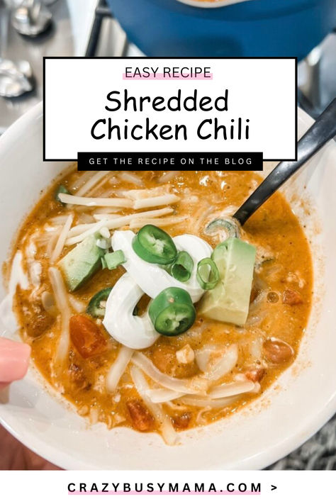 Shredded Chicken Chili How To Make Shredded Chicken In Crockpot, Shredded Chicken Crockpot Recipes, Easy Shredded Chicken Recipes, Shredded Chicken Chili, Lori Conway, Crazy Busy Mama, Chili Crockpot, Shredded Chicken Crockpot, Comfort Meals