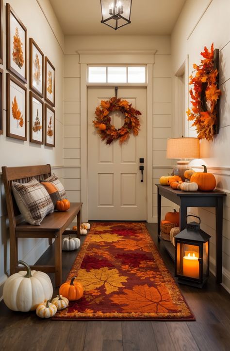 Step into a warm embrace of autumn with this beautifully decorated hallway. Featuring plaid touches and delightful seasonal decor like pumpkins and a leafy wreath, this space radiates charm. The gentle glow and nature-inspired artwork create a welcoming ambiance that beckons you home! #homedecor #homedesign #falldecor #falldesign #fallhomedecor #autumnhomedesign Fall Floor Decor, Autumn Entrance Decor, By The Door Decor Entryway, Cozy Hallway Ideas, Fall House Decor Outdoor, Fall Home Decor Front Porch, Main Entrance Decor Ideas, Halloween Entryway Decor, Thanksgiving Entryway