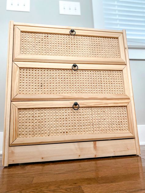 Diy Cane Nightstand, Ikea Rast Hack Nightstand, Rast Diy, Ikea Rast Makeover, Cane Nightstand, Furniture Recycling, Cane Shelf, Ikea Rast Hack, Dresser Diy