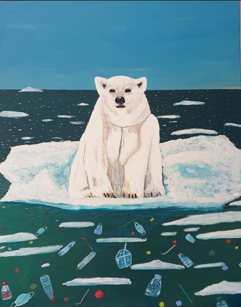 Painting of a polar bear stuck on  chunk of floating ice with ice caps and plastic waste floating in the water. Polar Bear On Ice, Ice Cube Melting, Polar Bear Drawing, Ice Painting, Environment Sketch, Polar Bear Art, Polar Climate, Ice Bears, Bear Drawing