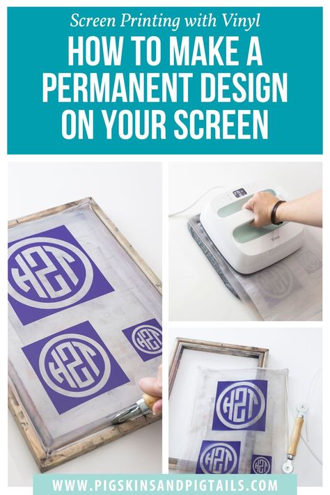 Make a permanent screen printing stencil using your Cricut or Silhouette and HTV. Learn how to screen print with vinyl. Screen Print With Vinyl, Screen Print With Cricut, Diy Screen Printing Press, Diy Screen Printing Frame, How To Screen Print, Screen Print Ideas, Screen Printing Hacks, Silkscreen Printing Ideas, Speedball Screen Printing