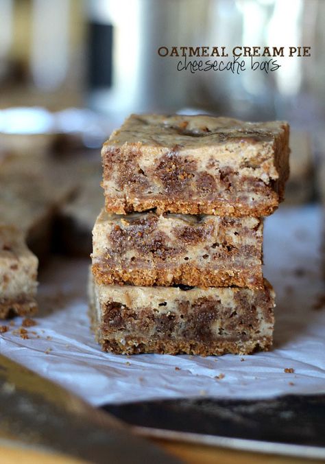 Oatmeal Cream Pie Cheesecake Bars | Cookies and Cups Oatmeal Cream Pie Cheesecake, Oatmeal Pies, Oatmeal Cream Pie, Cookies And Cups, Oatmeal Cream Pies, Blondies Bars, Pie Cheesecake, Oatmeal Cream, Sweet Bar