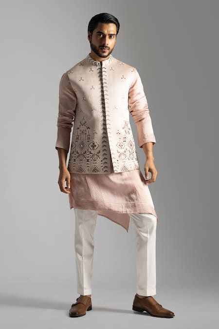 Mirror Embroidery, Kurta Set For Men, Mens Kurta Designs, Cream Pants, Nehru Jacket, Nehru Jackets, Satin Color, Kurta With Pants, Thread Embroidery