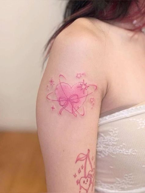 Small Bow Tattoos, Pink Bow Tattoos, Pink Flower Tattoos, Dainty Tattoo, Tattoo Fine Line, Floral Back Tattoos, Sparkle Tattoo, Tattoo Linework, Purple Tattoos