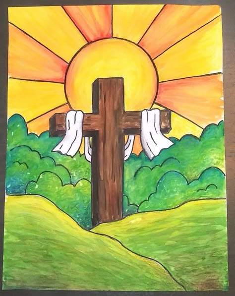 Easter Cross Drawing, Easter Art Drawing, 3 Crosses On A Hill Painting, Jesus On The Cross Art For Kids, Easter Cross Paintings On Canvas, Christian Easter Drawings, Easter Paintings On Canvas Jesus, Easy Easter Painting Ideas, Easter Art Christian