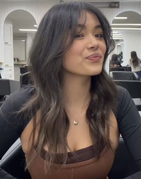 Balayage Hair With Wispy Bangs, 2023 Hair Trends For Women Layers, Long Hair With Curtain Bangs Brunette, Dark Hair And Curtain Bangs, Wolfcut With Wispy Curtain Bangs, Wispy Bangs On Asians, Curtain Bangs At Cheekbone, Layered Haircut Wavy Hair Medium, Wispy Bangs Layers Medium Hair