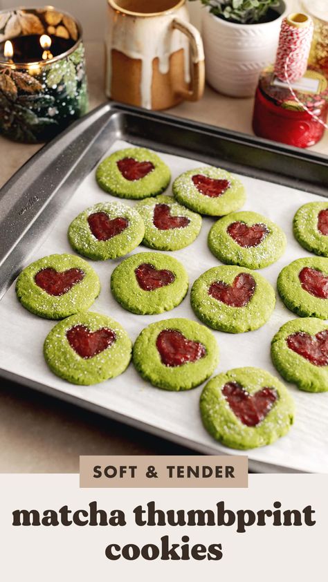 Soft and tender matcha thumbprint cookies filled with strawberry jam. They're one of the easiest holiday cookies you can make for a matcha lover! #matcha #holidaycookies #thumbprintcookies #cookies | teakandthyme.com Matcha Thumbprint Cookies, Matcha Raspberry, Cookie Box Ideas, Tea Cookies Recipe, Green Tea Cookies, Beautiful Baking, Valentines Cookie, Easy Holiday Cookies, How To Make Matcha